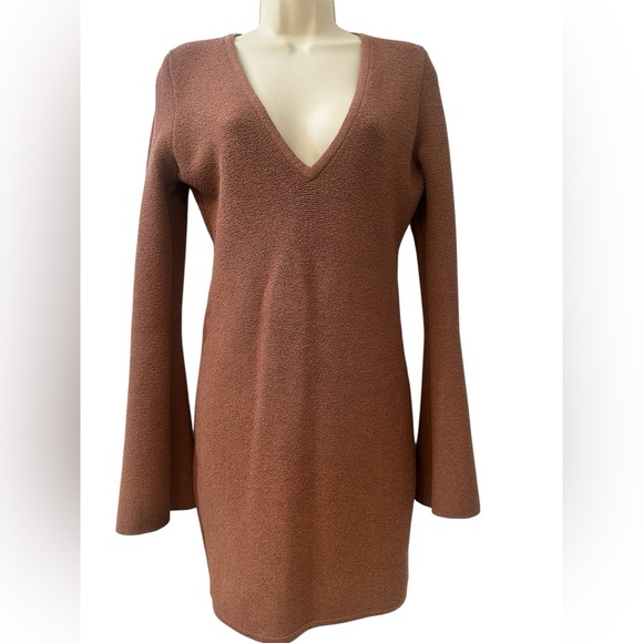 Ronny Kobo Women’s Size M Rust Knit Bell Sleeve Bodycon Mini Dress Deep V-Neck - Picture 1 of 12